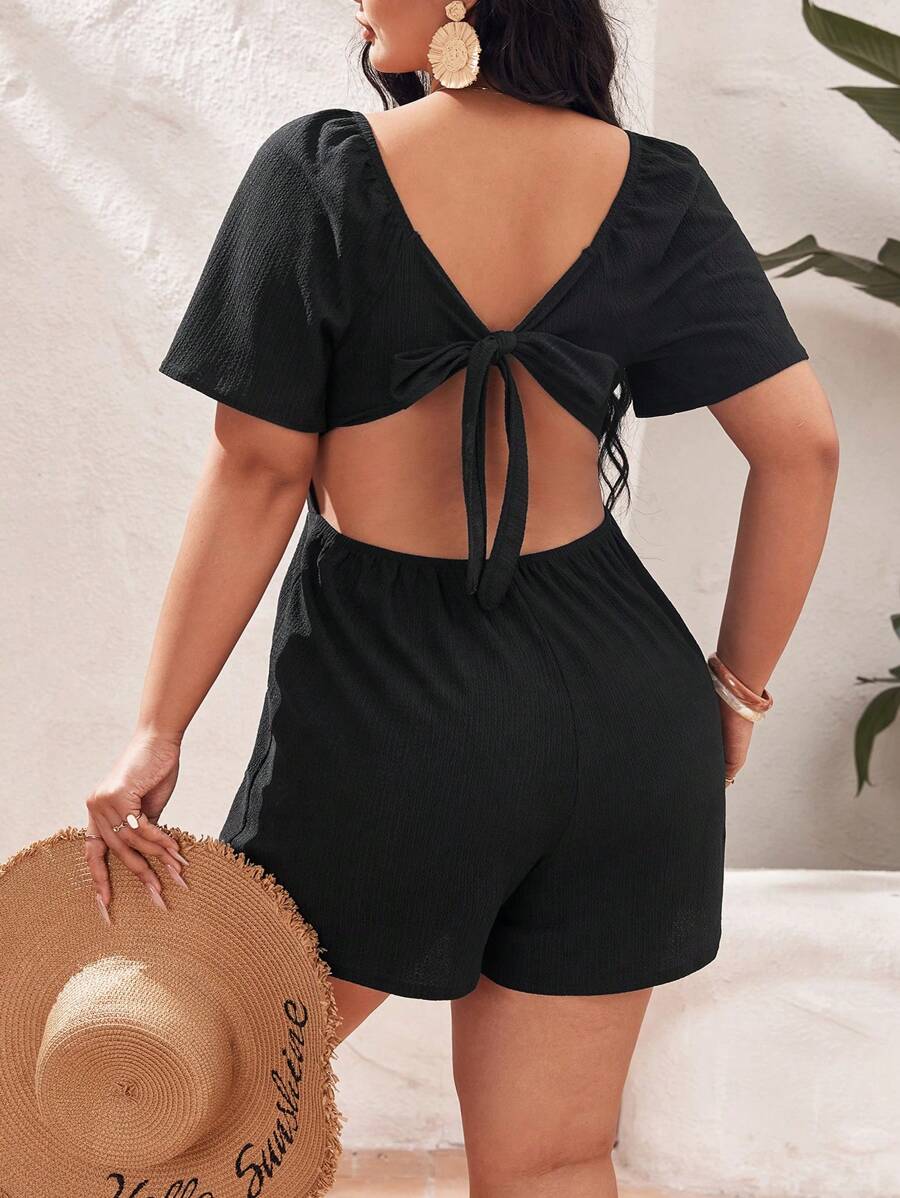 SHEIN VCAY 性感露背 挖空 後系帶純色加大碼連身褲 - 黑色 - 查看 1