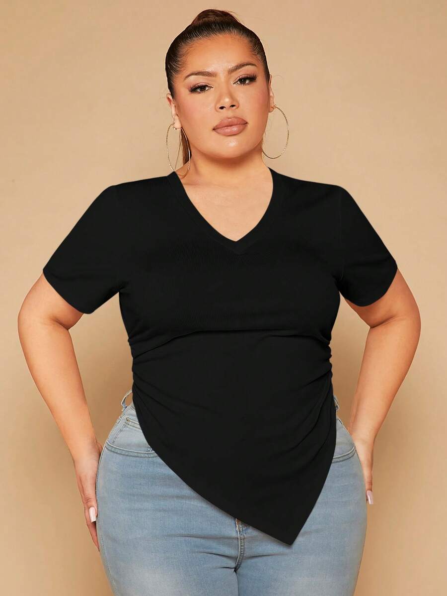 SHEIN SXY Plus Solid Ruched Asymmetrical Hem Tee - Black - View 1