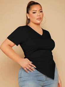 SHEIN SXY Plus Solid Ruched Asymmetrical Hem Tee - Black - View 4