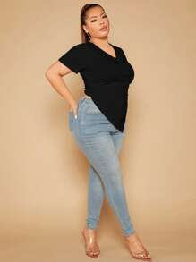 SHEIN SXY Plus Solid Ruched Asymmetrical Hem Tee - Black - View 5