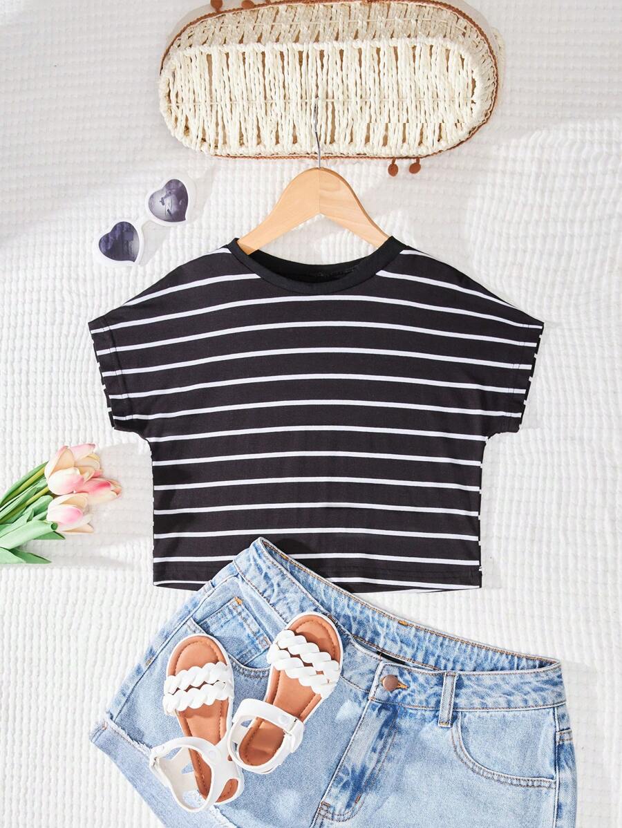 RueChic Toddler Girls Striped Batwing Sleeve Tee - Black and White - View 1