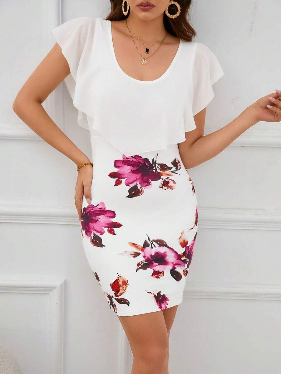 SHEIN Clasi 優雅揉皺花卉印花女士連衣裙 - 白色 - 查看 1