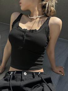DAZY Contrast Lace Cami Top Going Out Tops - Black - View 2