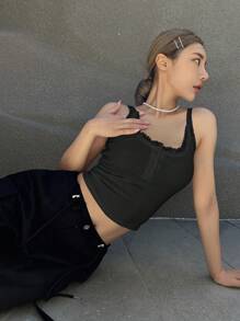 DAZY Contrast Lace Cami Top Going Out Tops - Black - View 5