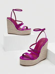 Phụ nữ có khóa trang trí dây đeo mắt cá chân Dép Espadrille, Dép nêm màu hồng cho kỳ nghỉ - Màu Hồng Tươi - Xem 2