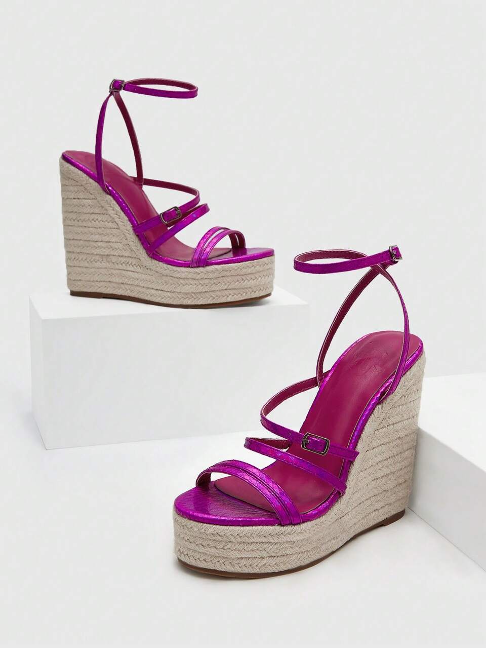 Women Buckle Decor Ankle Strap Espadrille Sandals, Vacation Pink Wedge Sandals
