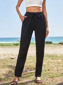 Solid Drawstring Waist Trousers - Black - View 1