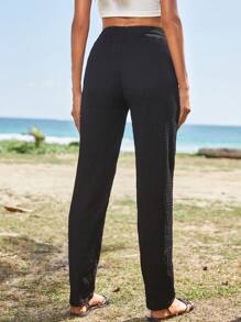 Solid Drawstring Waist Trousers - Black - View 2
