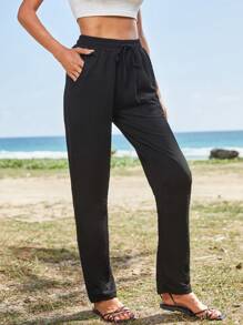 Solid Drawstring Waist Trousers - Black - View 3