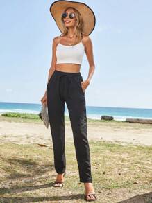 Solid Drawstring Waist Trousers - Black - View 4