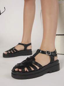 休閒細帶鏤空腳趾踝帶平底涼鞋 - 黑色 - 查看 2