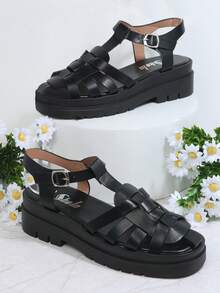 休閒細帶鏤空腳趾踝帶平底涼鞋 - 黑色 - 查看 4