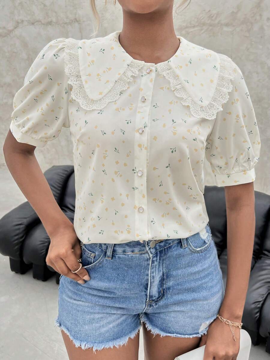 SHEIN Privé 可愛前紐扣 褶皺邊小碎花女士襯衫 - 白色 - 查看 1