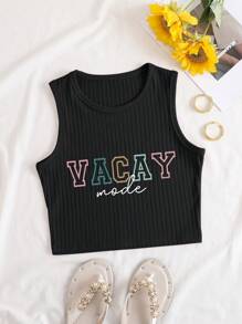 SHEIN LUNE 字母圖案條紋針織背心上衣 - 黑色 - 查看 1