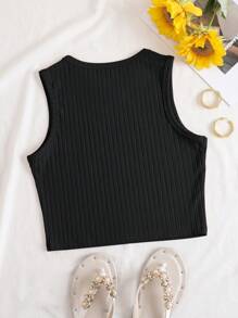 SHEIN LUNE 字母圖案條紋針織背心上衣 - 黑色 - 查看 2