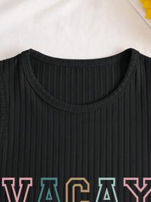 SHEIN LUNE 字母圖案條紋針織背心上衣 - 黑色 - 查看 3