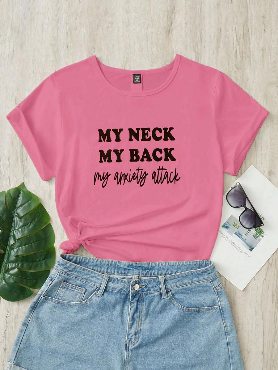 SHEIN Essnce Áo thun Plus size Slogan Giải trí - Hồng - Xem 1