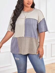 SHEIN Essnce Áo thun Plus size Gân đan Khối Màu Giải trí - Nhiều màu - Xem 4