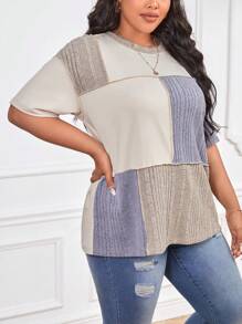 SHEIN Essnce Áo thun Plus size Gân đan Khối Màu Giải trí - Nhiều màu - Xem 5