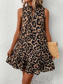 SHEIN Clasi Leopard Print Tie Neck Ruffle Hem Smock Dress - Multicolor - View 6