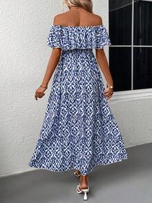 SHEIN Clasi Đầm Xù Tách cao Dải chun Bộ lạc Boho - Màu xanh lam - Xem 2