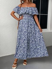 SHEIN Clasi Đầm Xù Tách cao Dải chun Bộ lạc Boho - Màu xanh lam - Xem 4