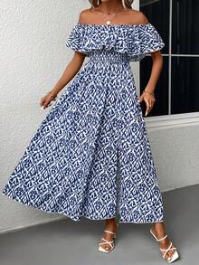 SHEIN Clasi Đầm Xù Tách cao Dải chun Bộ lạc Boho - Màu xanh lam - Xem 5