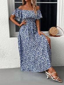 SHEIN Clasi Đầm Xù Tách cao Dải chun Bộ lạc Boho - Màu xanh lam - Xem 6