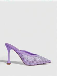 CUCCOO SZL Women Rhinestone Decor Point Toe Pyramid Heeled Mule Pumps, Glamorous Purple Mesh Pumps - Mauve Purple - View 3