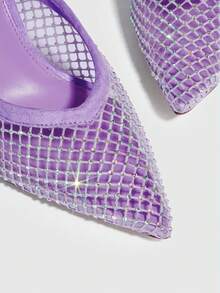 CUCCOO SZL Women Rhinestone Decor Point Toe Pyramid Heeled Mule Pumps, Glamorous Purple Mesh Pumps - Mauve Purple - View 4