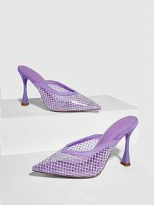 CUCCOO SZL Women Rhinestone Decor Point Toe Pyramid Heeled Mule Pumps, Glamorous Purple Mesh Pumps - Mauve Purple - View 5