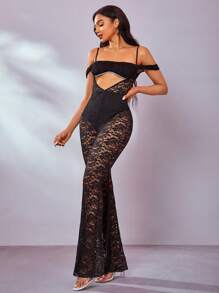 Cold Shoulder Cut Out Front Lace Flare Leg Jumpsuit - Black - View 1