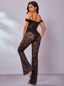 Cold Shoulder Cut Out Front Lace Flare Leg Jumpsuit - Black - View 2