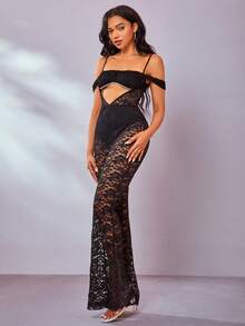 Cold Shoulder Cut Out Front Lace Flare Leg Jumpsuit - Black - View 3