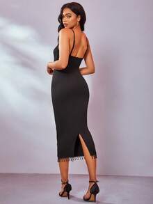 Vestido ajustado de tirantes con diseño de diamante de imitación con perla bajo con fleco transparente - Negro - Ver 2