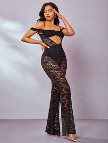 Cold Shoulder Cut Out Front Lace Flare Leg Jumpsuit - Black - View 4