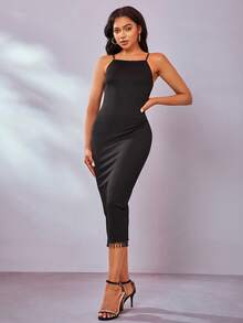 Vestido ajustado de tirantes con diseño de diamante de imitación con perla bajo con fleco transparente - Negro - Ver 3