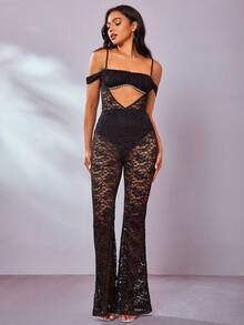 Cold Shoulder Cut Out Front Lace Flare Leg Jumpsuit - Black - View 5
