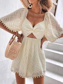 SHEIN Frenchy Twist Front Cut Out Pom Pom Trim Batwing Sleeve Romper Summer