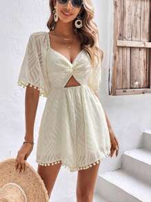 SHEIN Frenchy Twist Front Cut Out Pom Pom Trim Batwing Sleeve Romper Summer
