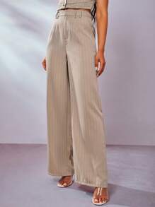 條紋印花闊腿褲 - 卡其色 - 查看 1