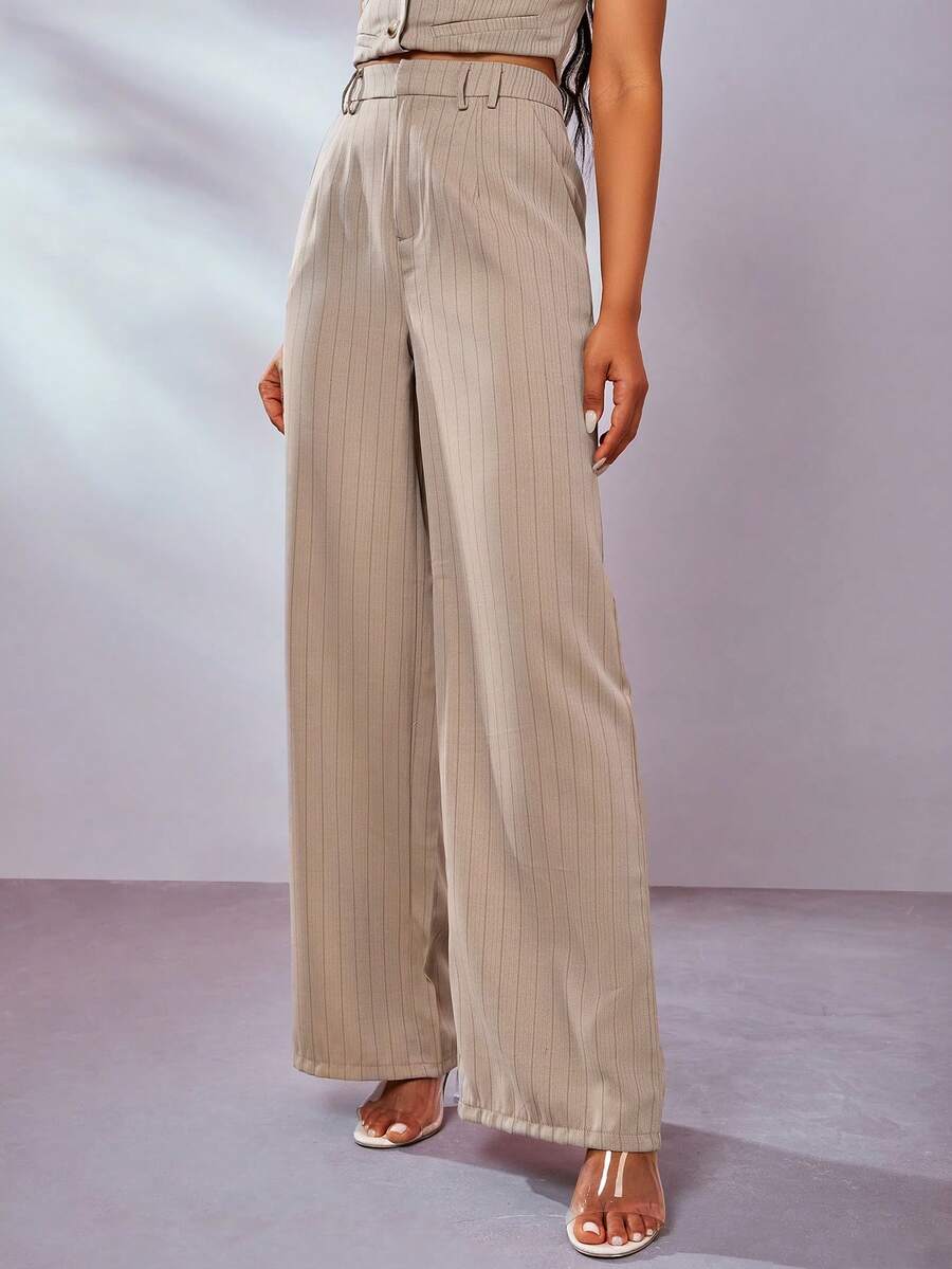 條紋印花闊腿褲 - 卡其色 - 查看 1
