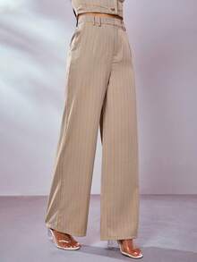條紋印花闊腿褲 - 卡其色 - 查看 4