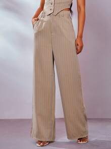 條紋印花闊腿褲 - 卡其色 - 查看 5