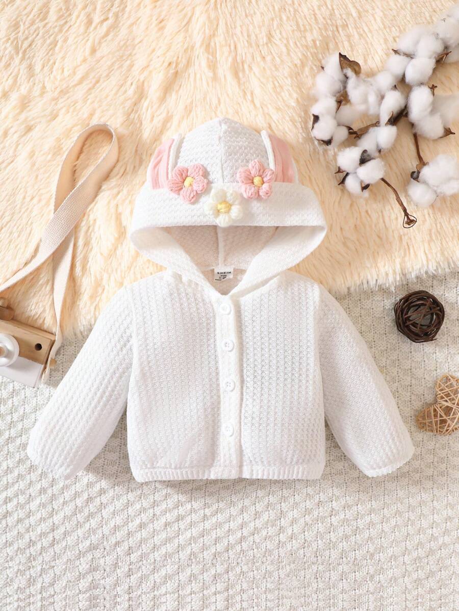 SHEIN Baby 3D Ear Design Stereo Flower Hooded Jacket - White - View 1