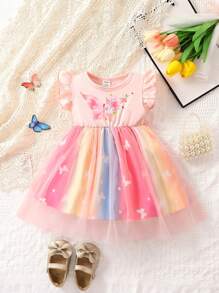 SHEIN Glamorique Kids Đầm em bé Tương phản Mesh Xù Ombre Loại bướm - Nhiều màu - Xem 1