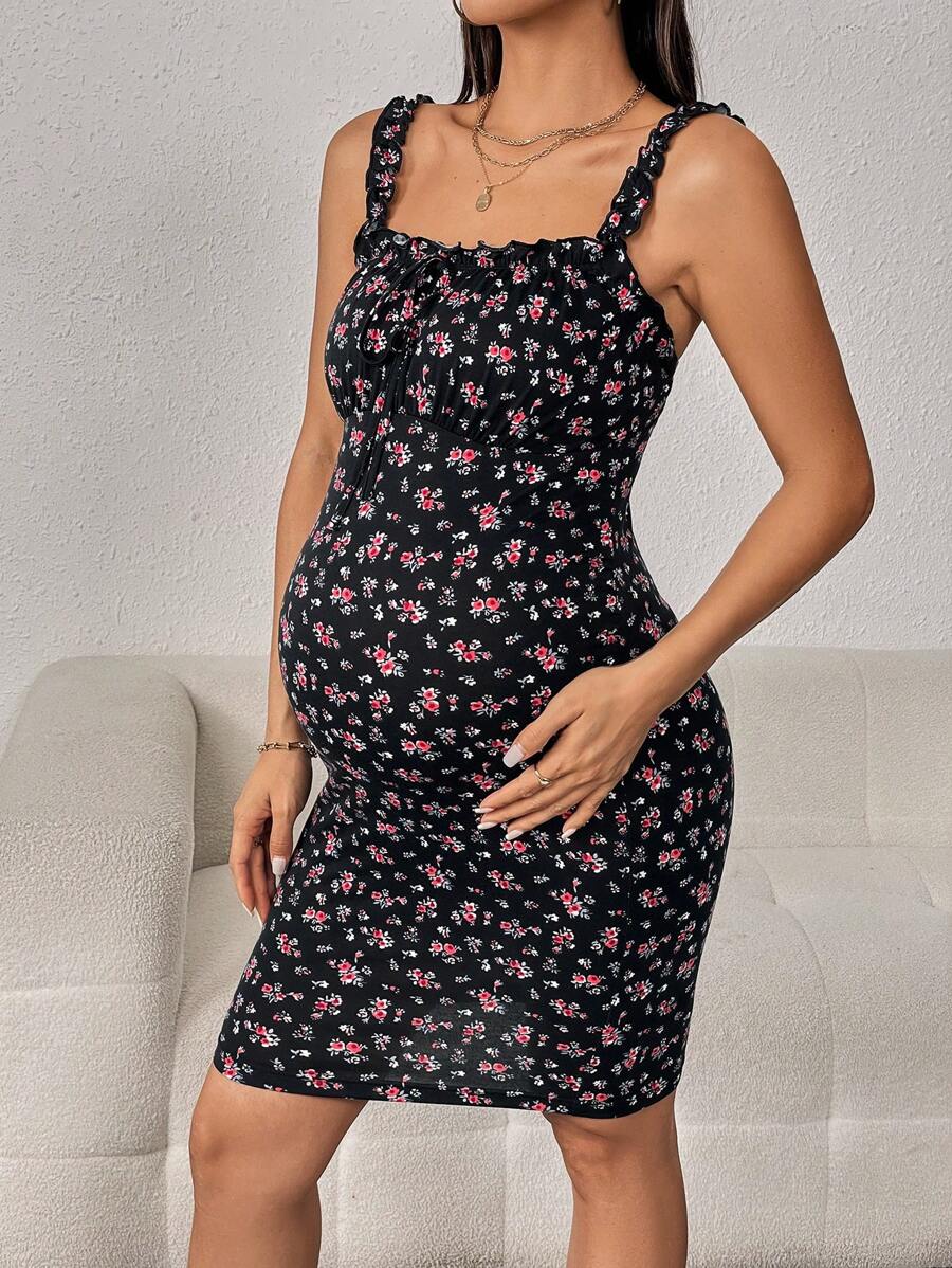 SHEIN 孕婦碎花褶邊吊帶洋裝 - 彩色 - 查看 1