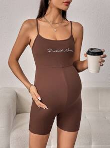 SHEIN Maternity Letter Graphic Cami Unitard Romper - Coffee Brown - View 3