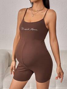 SHEIN Maternity Letter Graphic Cami Unitard Romper - Coffee Brown - View 4