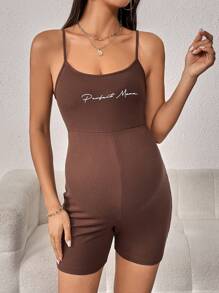 SHEIN Maternity Letter Graphic Cami Unitard Romper - Coffee Brown - View 5